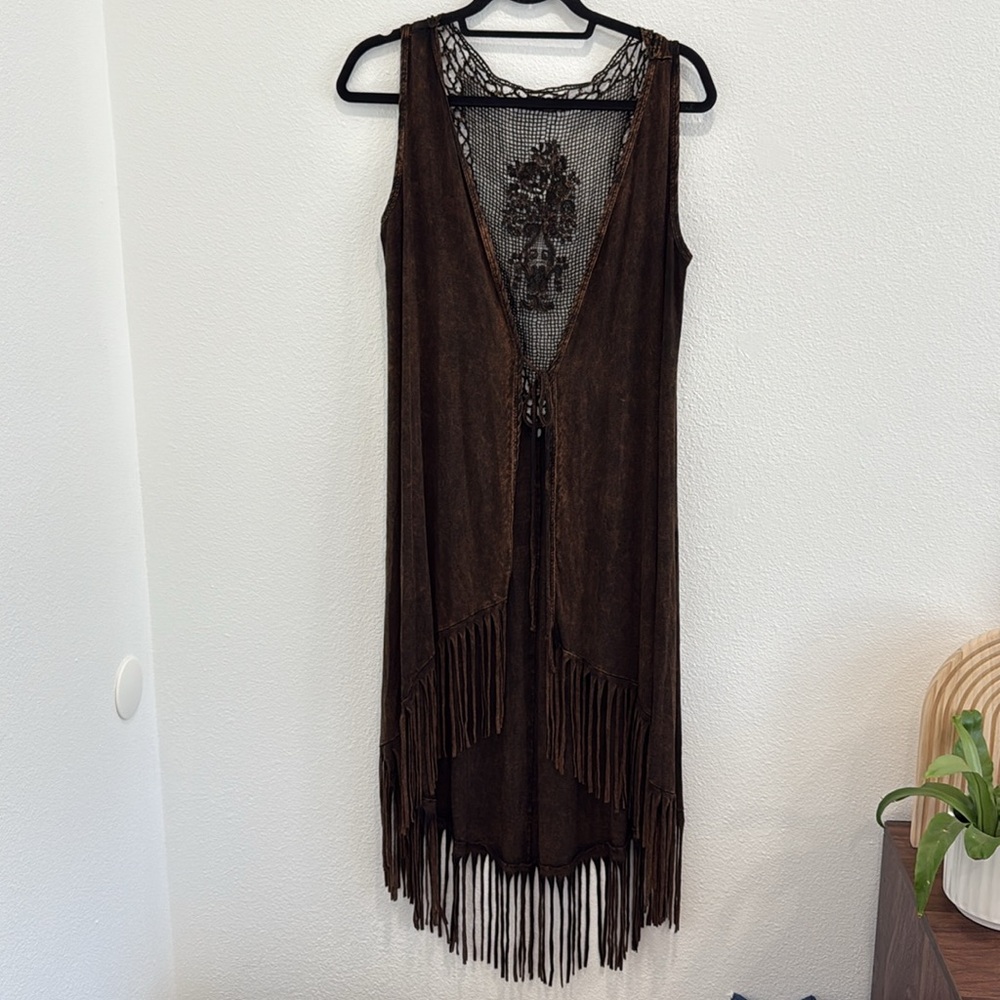 Boho Brown Fringe Longline Vest Open Front Sleeveless Duster One Size Fits Most - Picture 2 of 3